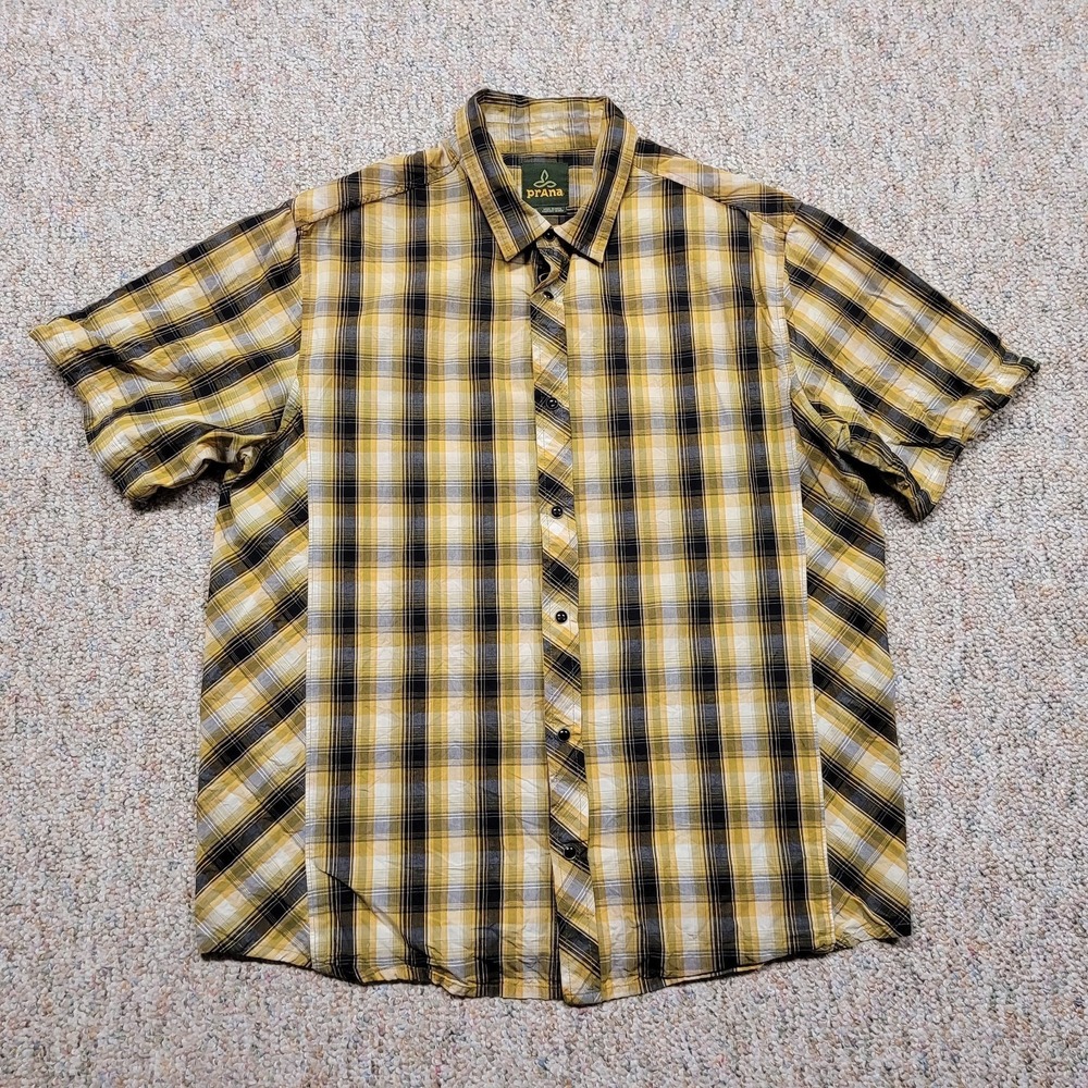 PrAna Shirt Mens Large Multi Plaid Organic Cotton Pearl Button Down Short Sleeve